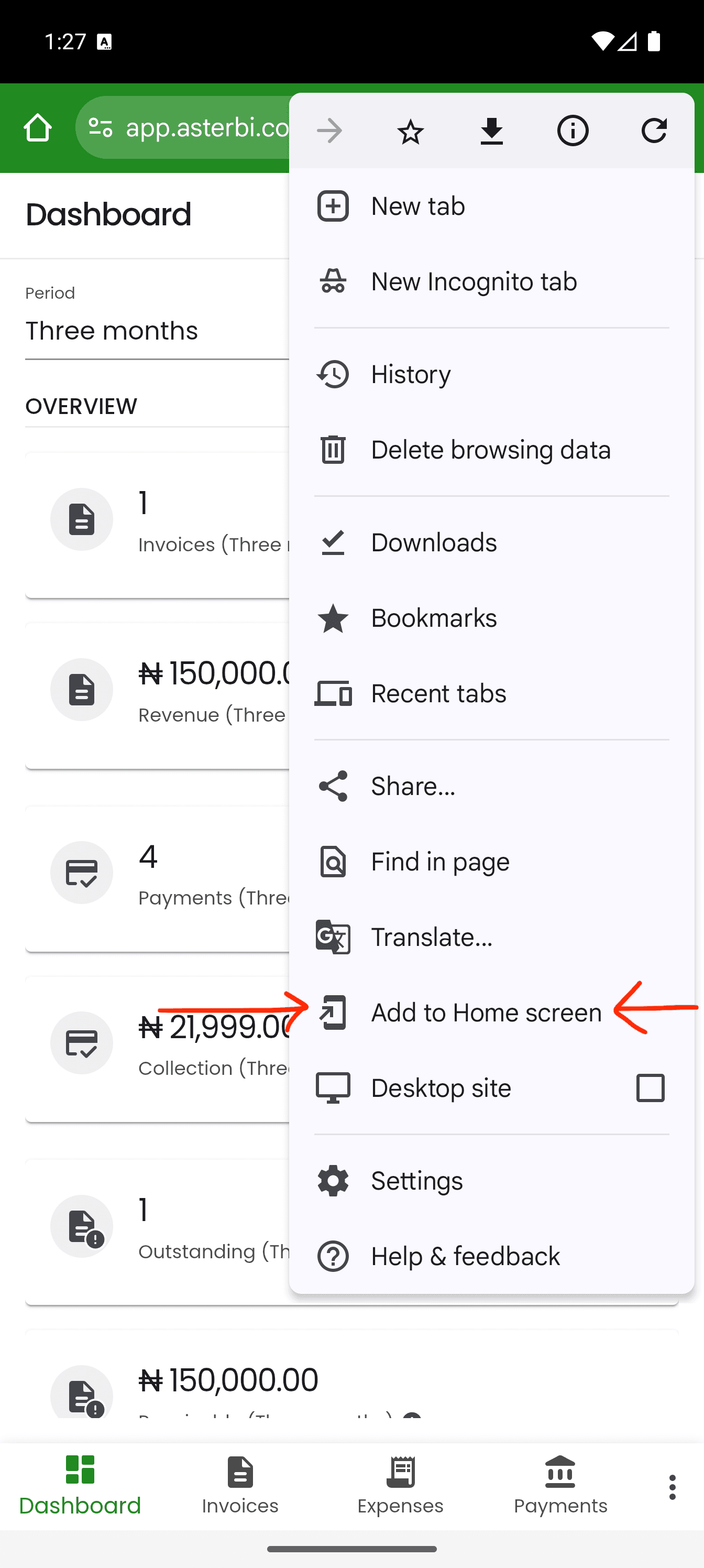 Android Chrome menu with Add to Home screen highlighted for installing Aster BI.