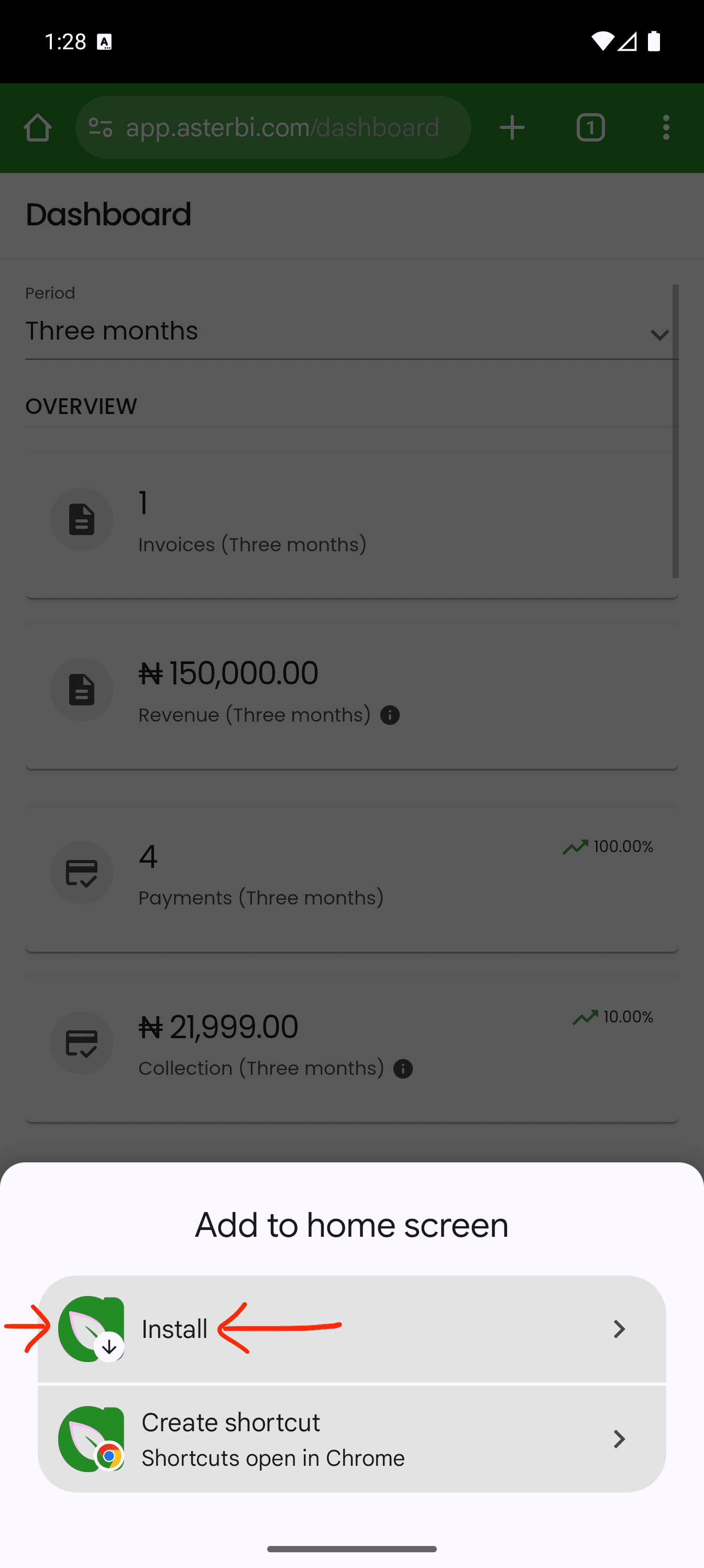 Android Chrome add to home screen sheet with Install highlighted.