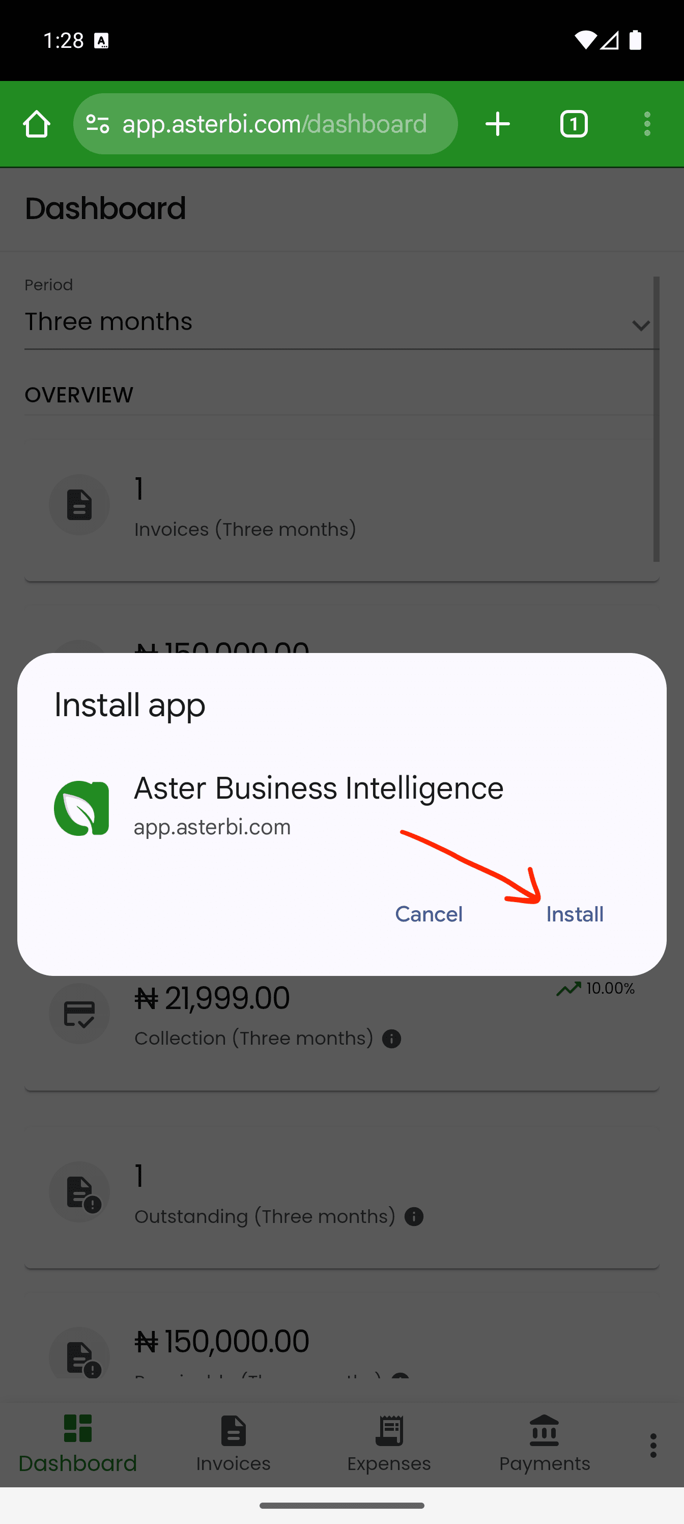 Android install app confirmation dialog with Install highlighted.