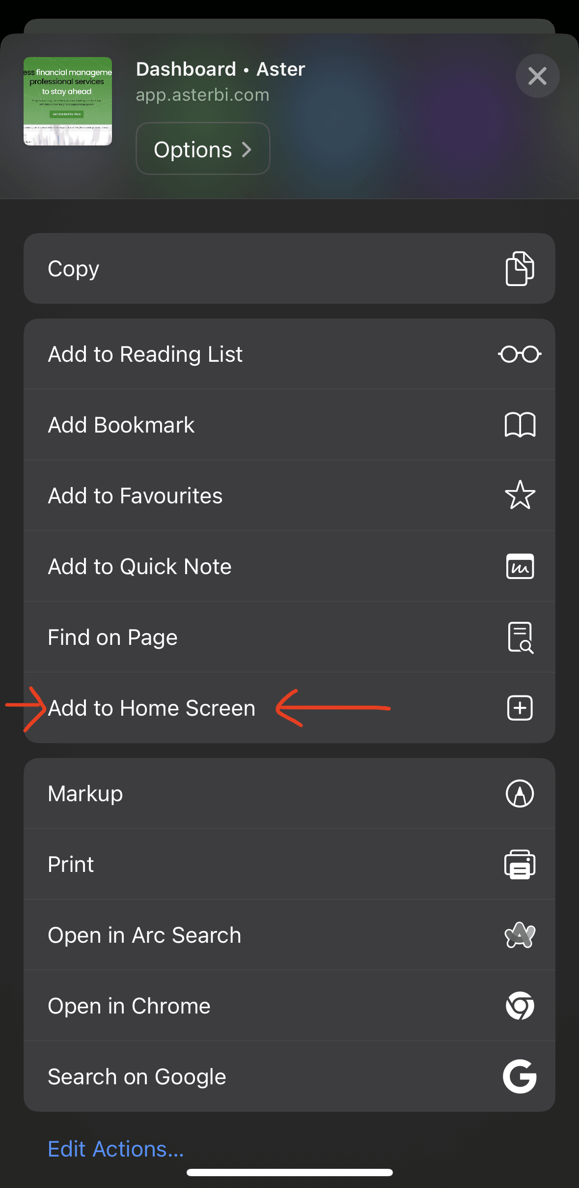 iPhone Safari share sheet with Add to Home Screen highlighted.